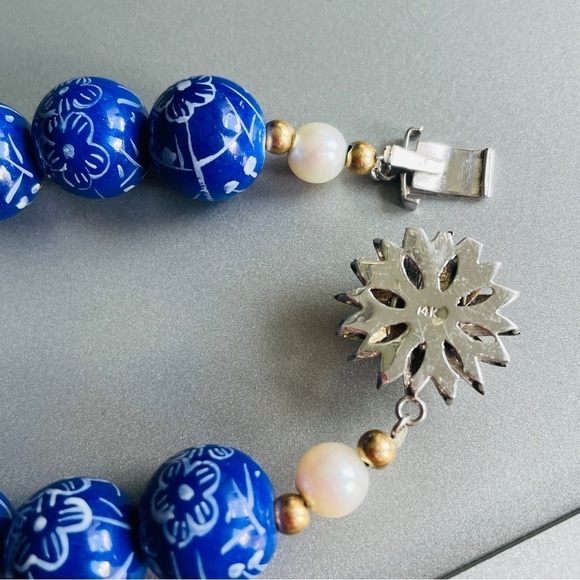 14K Gold Emerald Clasp Pearl Blue Floral Porcelain Bead Bracelet & Neckl… - Picture 5 of 14